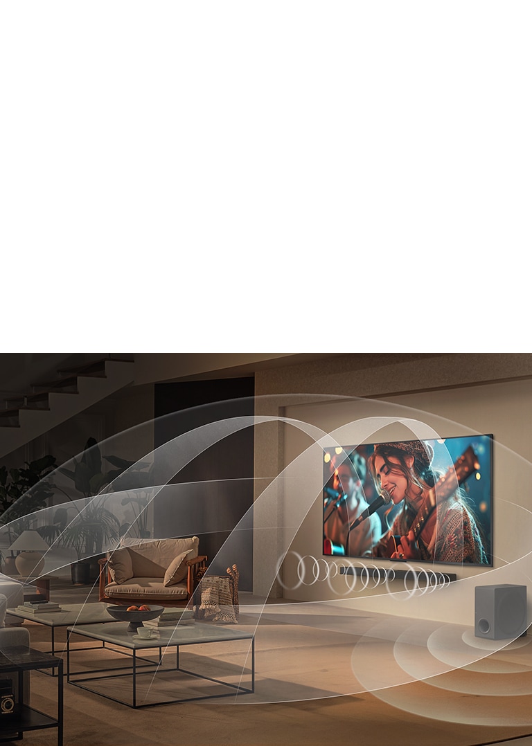 Living room with an LG UHD TV and LG Soundbar with graphics representing how both devices fill the space with multi-surround sound.