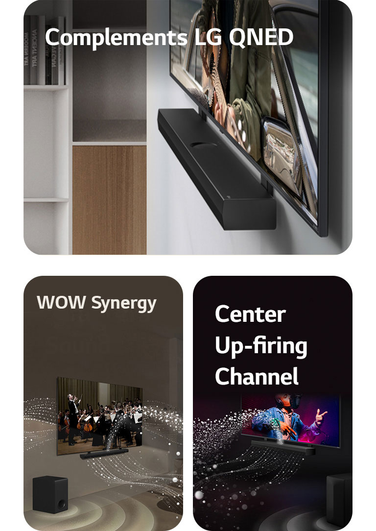 LG Soundbar and LG QNED TV against the wall with the QNED Matching Bracket in a grey and wooden living space in angled perspective, displaying a man playing a guitar in front of the ocean.   LG Soundbar and LG TV in a living room playing an orchestra performance. White waves of droplets representing soundwaves shoot upwards and forward from the soundbar and project from the TV, as subwoofer is creating a sound effect from the bottom.  LG Soundbar and LG TV in a black room playing a musical performance. White droplets representing soundwaves shoot upwards and forward from the soundbar, as subwoofer is creating a sound effect from the bottom.