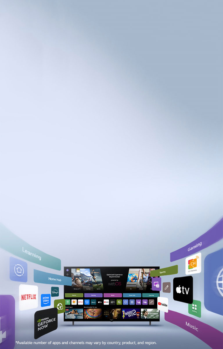 LG Smart TV displaying webOS home screen with entertainment apps and LG Channels UI elements dynamically expanding outward, highlighting 4,000+ global apps and channels.