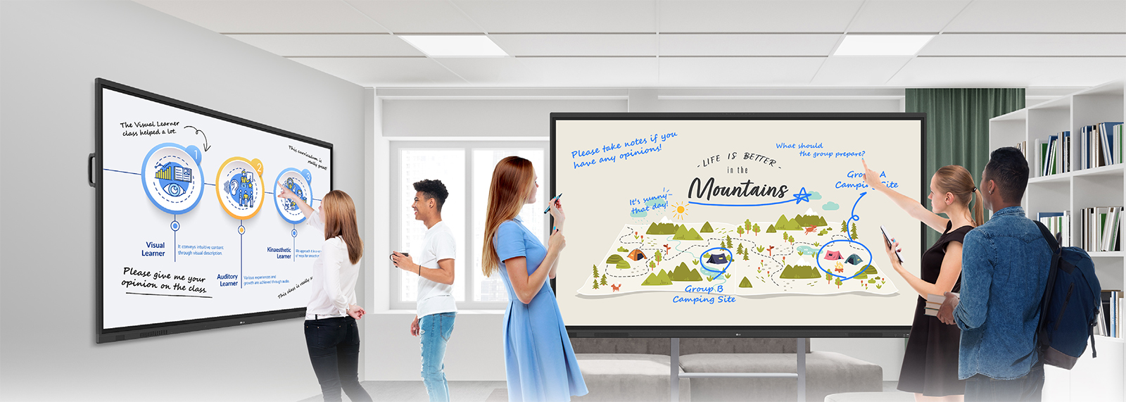 In the ideation space of the lecture room, there are two smart boards—one mounted on the wall and the other a stand-alone unit. Students freely share their opinions by writing on them.