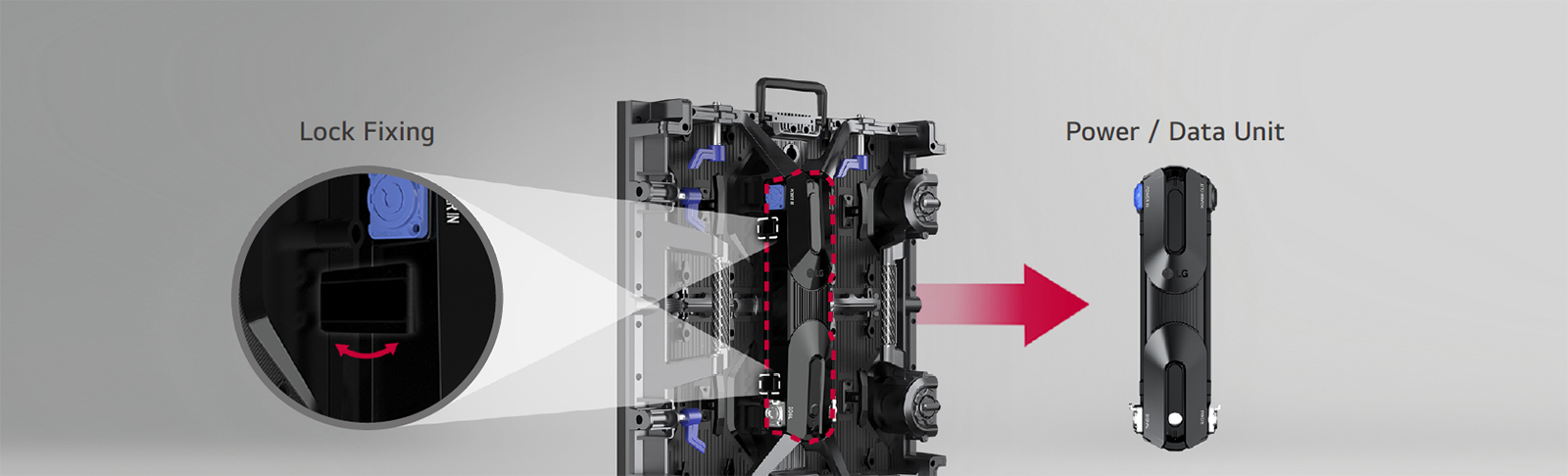 It is demonstrating that a simple Lock Fixing method allows for convenient replacement of the cabinet's Power/Data Unit.