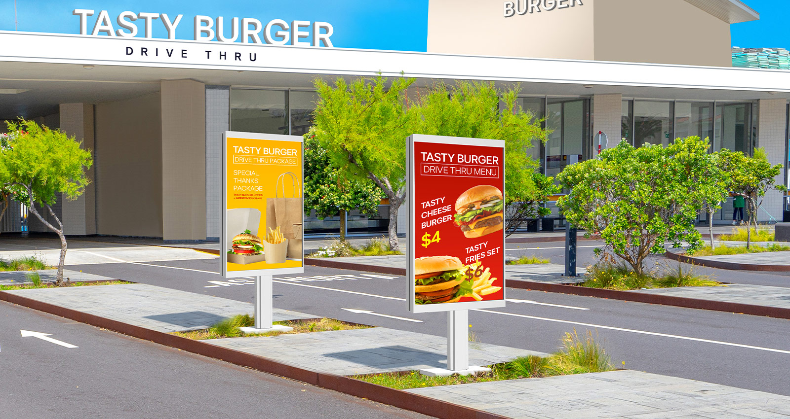 There are two 55XF3Ps installed in the drive-thru zone at the burger place, and they vividly display the burger menu and ads even in bright sunlight.