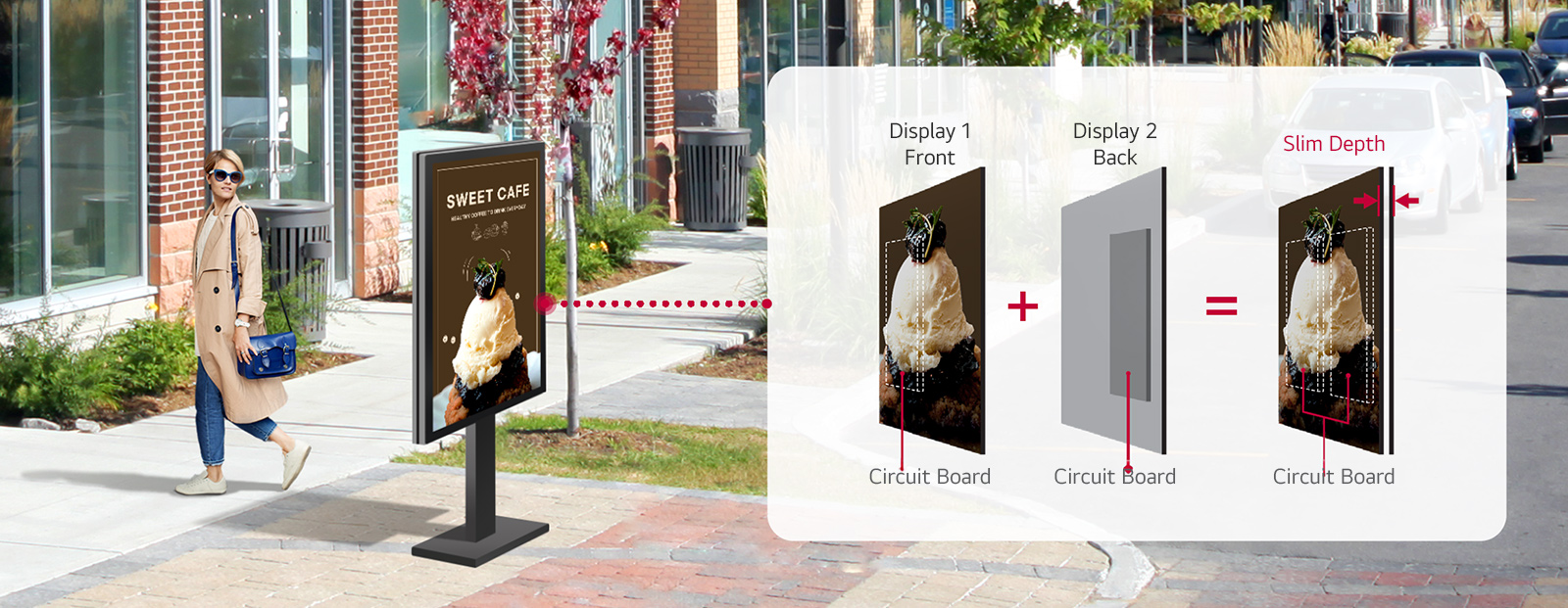 A double-sided display is set up on the street. The effective placement of the circuit board allows for a slim design of the double-sided display.
