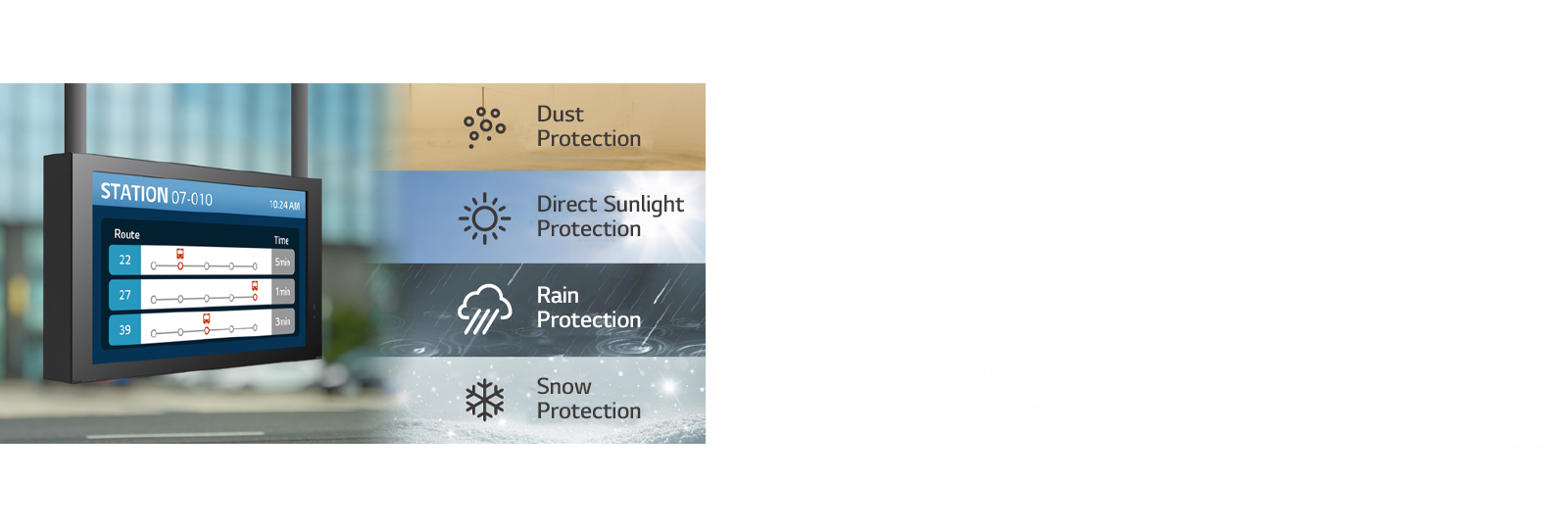 The 22XE1J is protected against dust, direct sunlight, rain, and snow.