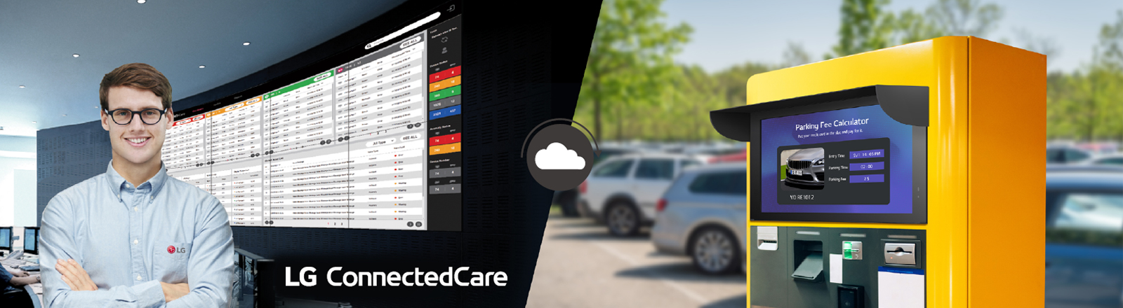 The LG employee is remotely monitoring the 22XE1J series installed in a different place by using cloud-based LG monitoring solution.