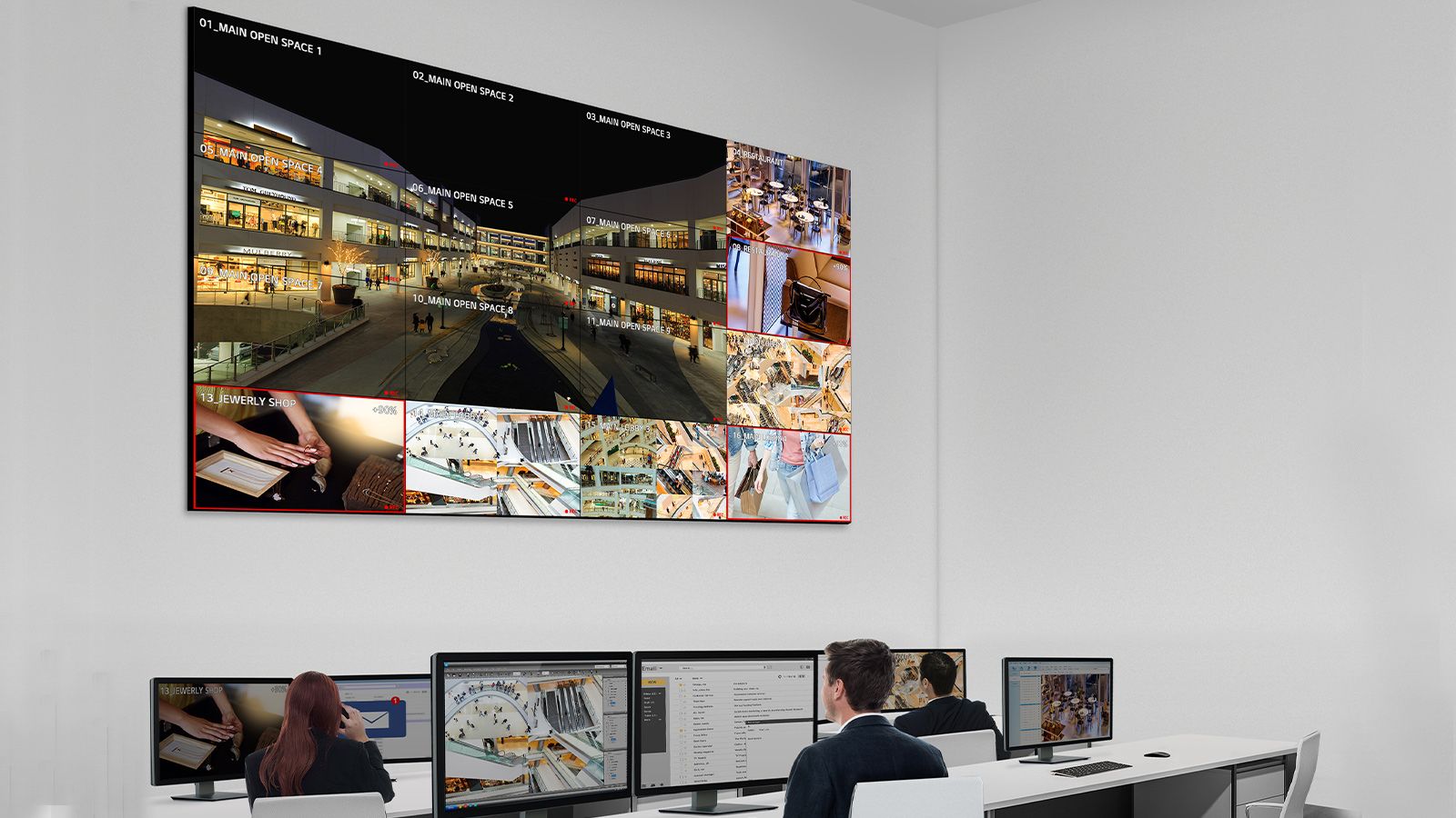 Both the external and internal premises of the shopping center are monitored in the CCTV control room through a large video wall.