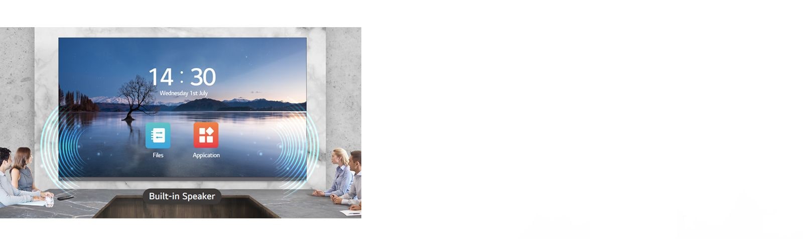 People have a meeting while watching the display and listening sound with the built-in speakers of LAAA series, installed in the meeting room.