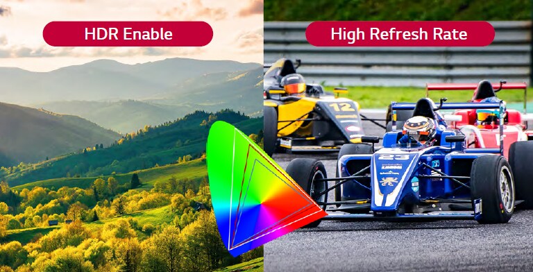 A vivid HDR-enabled screen and a screen with a high refresh rate displaying the exact color are being shown. 