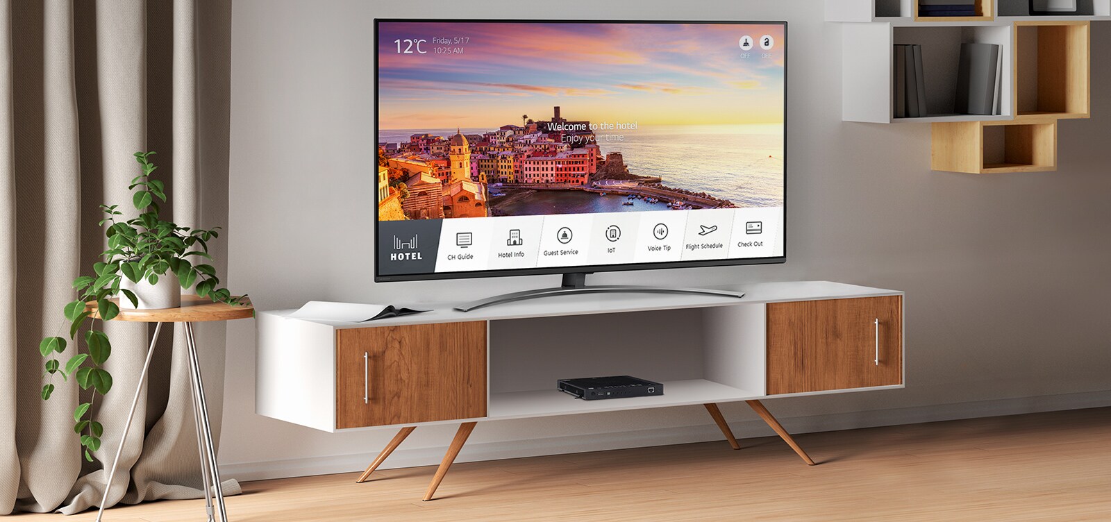 There is a simulated image to show Pro:Centric Set Top Box, STB-6500, installed in the hotel room. The TV connected to STB-6500 provides various information and services to guests.