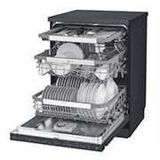 LG THINQ™ Top Control Dishwasher QuadWash™ & TrueSteam®, in black, LG Top Control Smart THINQ Dishwasher, Matte Black, tilt left front view featuring SmartRack™ system with dishes, DFB227HM, DFB227HM, thumbnail 7