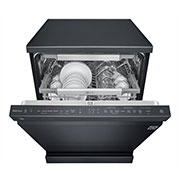 LG THINQ™ Top Control Dishwasher QuadWash™ & TrueSteam®, in black, LG Top Control Smart THINQ Dishwasher, Matte Black, front view featuring SmartRack™ Plus system with dishes, DFB227HM, DFB227HM, thumbnail 8