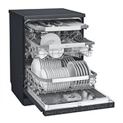 LG THINQ™ Top Control Dishwasher QuadWash™ & TrueSteam®, in black, LG Top Control Smart THINQ Dishwasher, Matte Black, tilt right front view with SmartRack™ door half opened, DFB227HM, DFB227HM, thumbnail 10