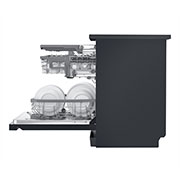 LG THINQ™ Top Control Dishwasher QuadWash™ & TrueSteam®, in black, LG Top Control Smart THINQ Dishwasher, Matte Black, tilt left front view with SmartRack™ door half opened, DFB227HM, DFB227HM, thumbnail 12