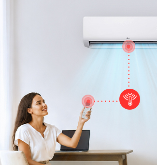 Visualization of all-cleaning technology in an air conditioner, showing a self-cleaning process with blue airflow.