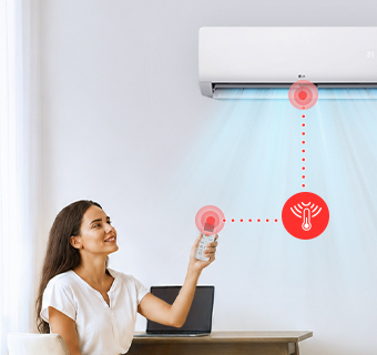 Visualization of all-cleaning technology in an air conditioner, showing a self-cleaning process with blue airflow.