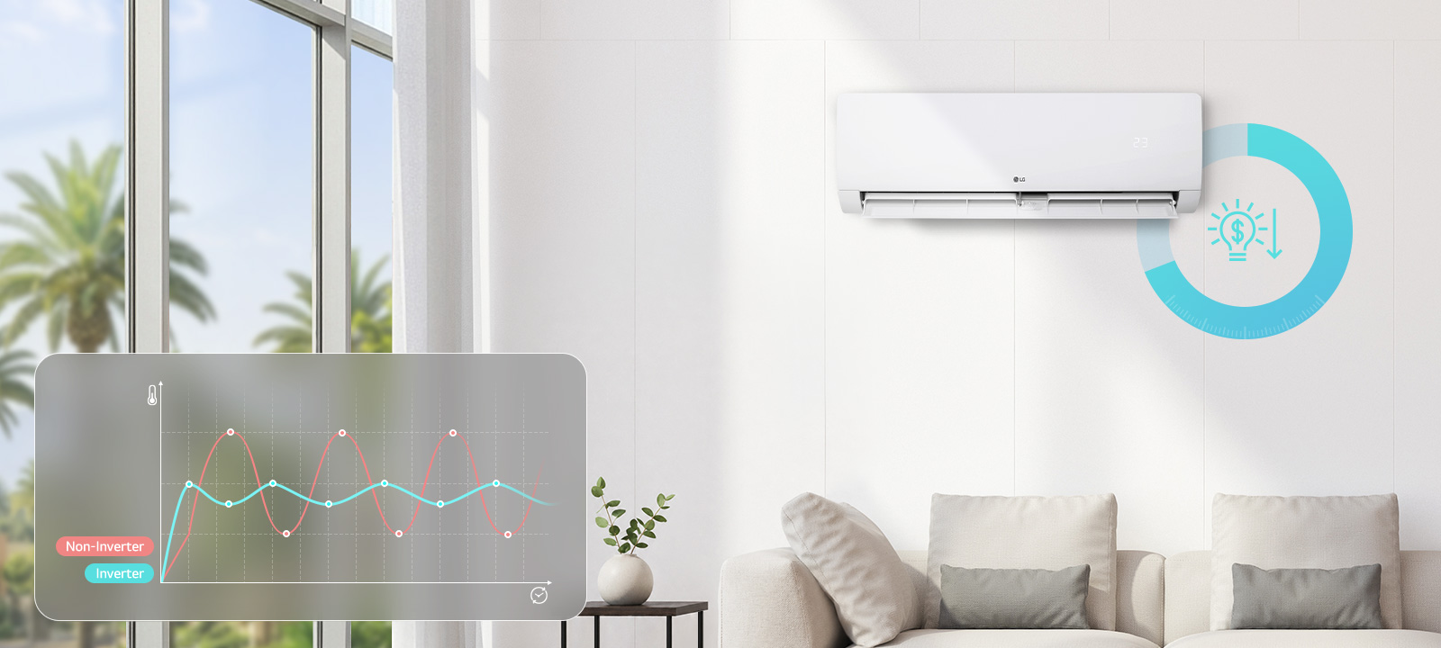 Modern living room featuring an air conditioner with a graph comparing inverter and non-inverter energy consumption.