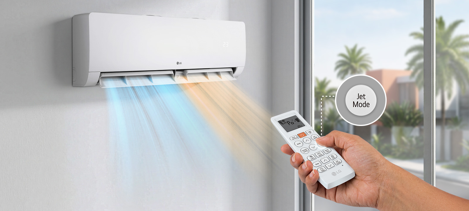 Wall-mounted air conditioner releasing cool air while a hand operates the remote control with Jet Mode feature.
