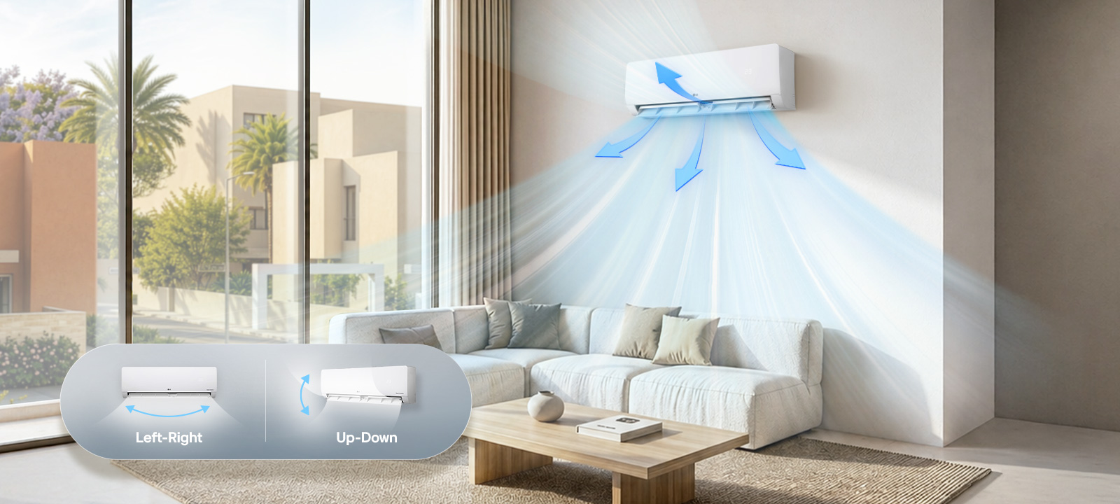 Wall-mounted AC with balanced 4-way airflow and swing graphic.