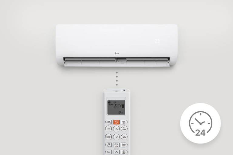 Image of an LG air conditioner with a remote control showing a 24-hour timer function.