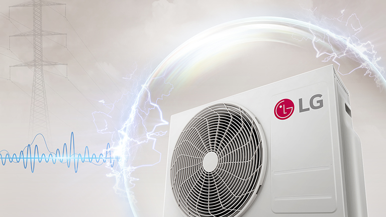 LG outdoor unit highlighting protection against voltage fluctuations.