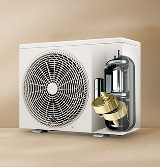 An external air conditioning unit with a cross-section showing its internal compressor and fan.
