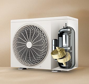 An external air conditioning unit with a cross-section showing its internal compressor and fan.