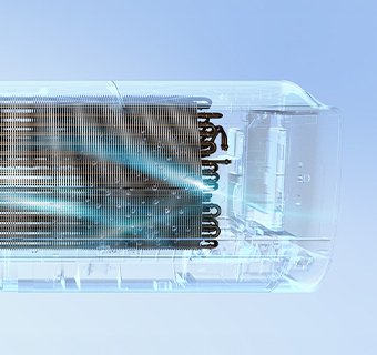 X-ray view of an air conditioner's internal cooling coils and copper piping with a blue glow.