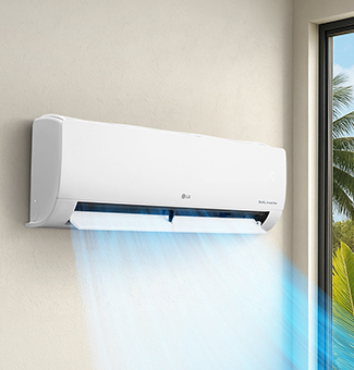 Modern wall-mounted LG air conditioner emitting a steady stream of cool blue air into a room.