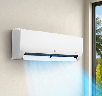 Modern wall-mounted LG air conditioner emitting a steady stream of cool blue air into a room.