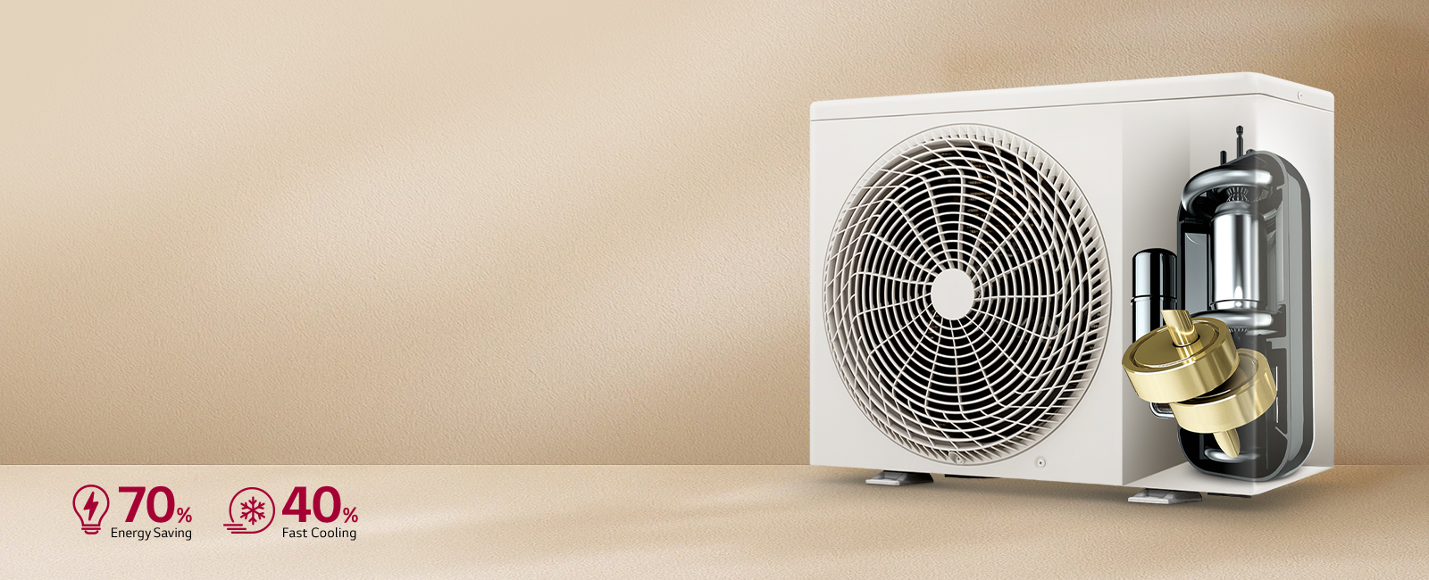 An external air conditioning unit with a cross-section showing its internal compressor and fan.