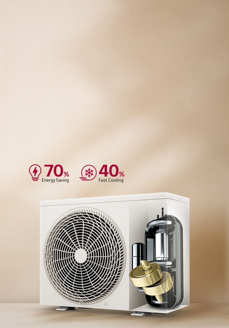 An external air conditioning unit with a cross-section showing its internal compressor and fan.