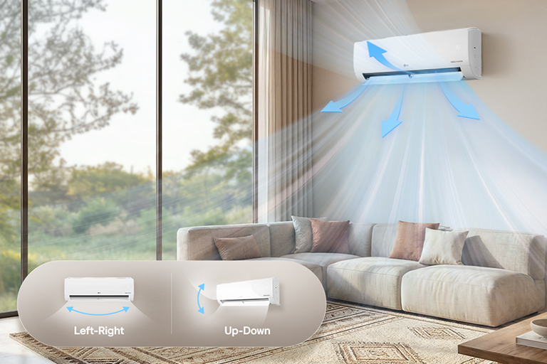 A wall-mounted air conditioner blowing cool air into a modern, minimalist living room with a beige sofa.