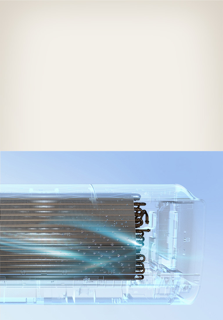X-ray view of an air conditioner's internal cooling coils and copper piping with a blue glow.