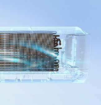 X-ray view of an air conditioner's internal cooling coils and copper piping with a blue glow.