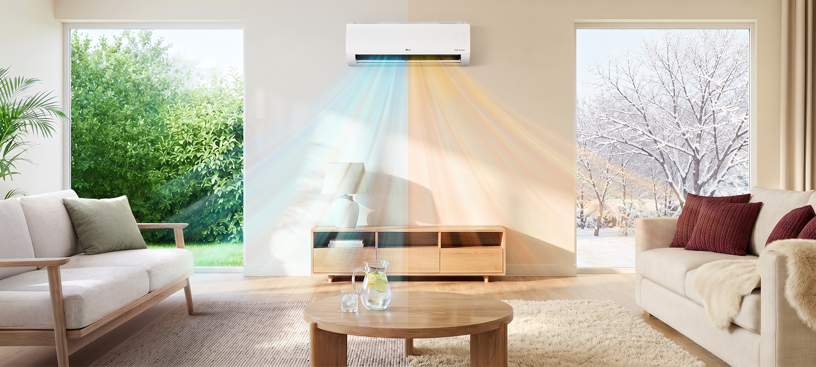 Split screen view of an air conditioner blowing cool air in summer and warm air in winter.