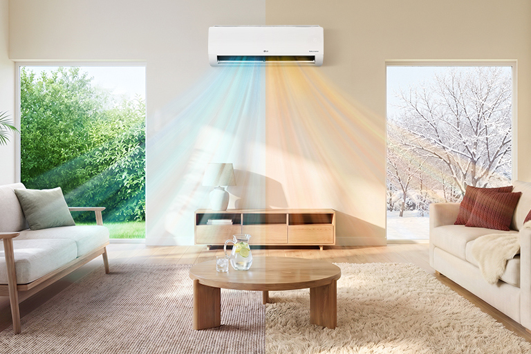 Split screen view of an air conditioner blowing cool air in summer and warm air in winter.