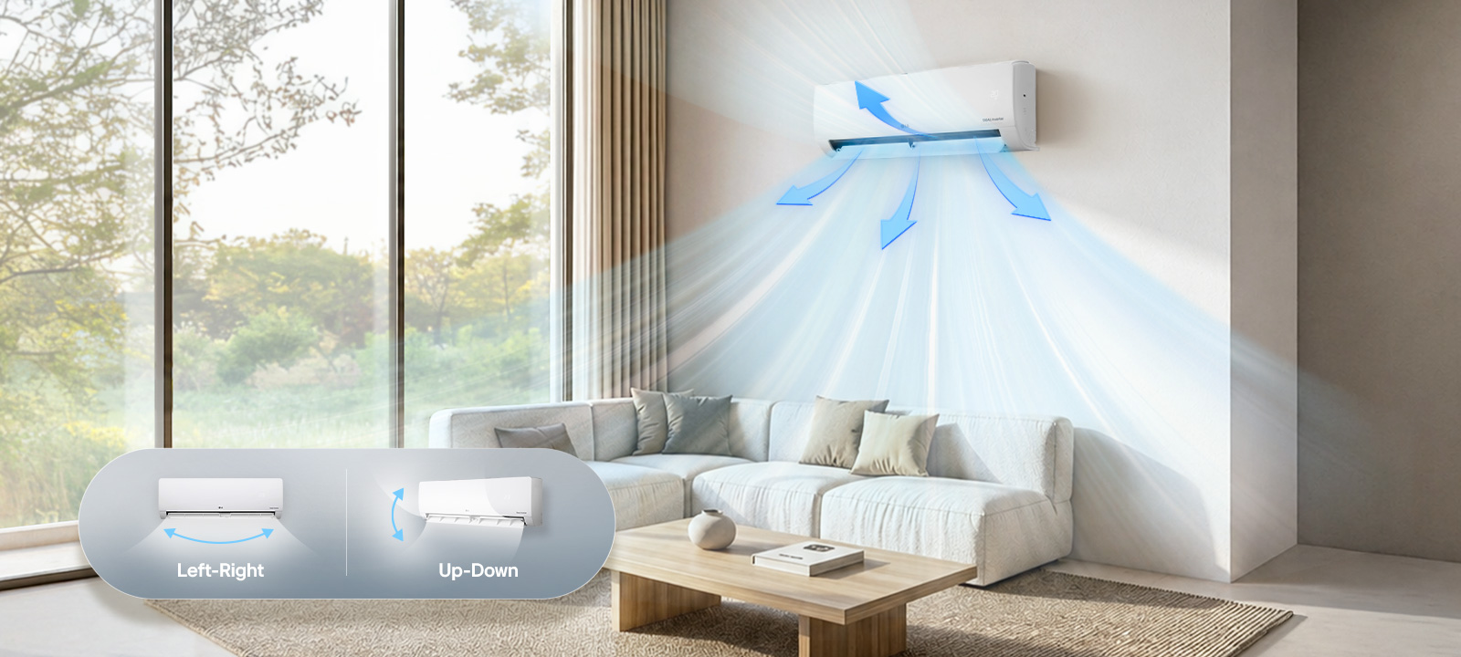 A wall-mounted air conditioner blowing cool air into a modern, minimalist living room with a beige sofa.