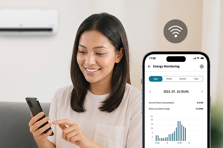 The image shows that the ThinQ app always has data on LG air conditioners, allowing for efficient management.