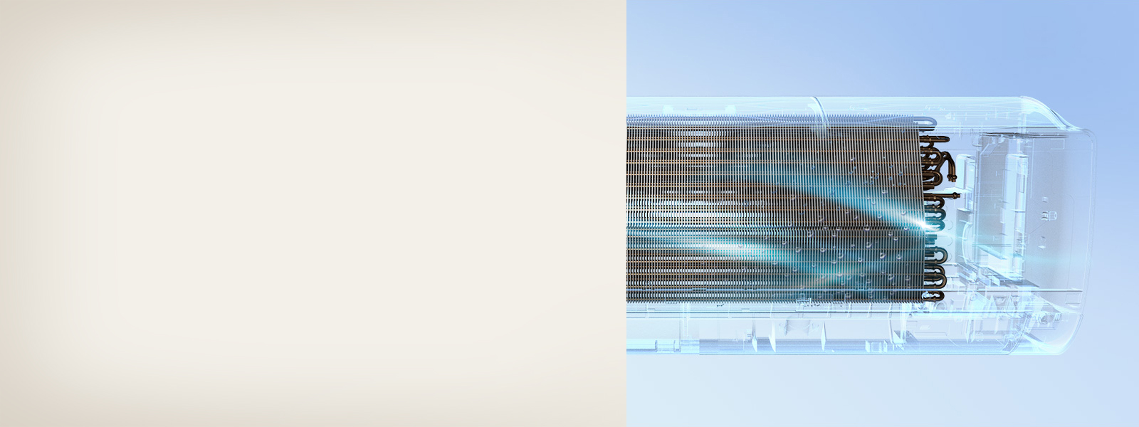 X-ray view of an air conditioner's internal cooling coils and copper piping with a blue glow.