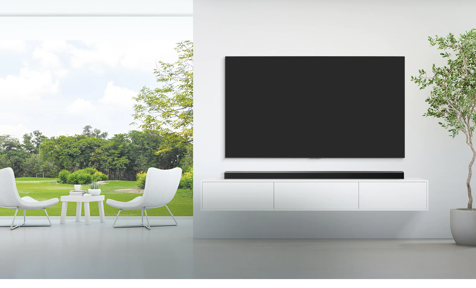 LG OLED TV and LG Soundbar in a white and grey tone living room 
