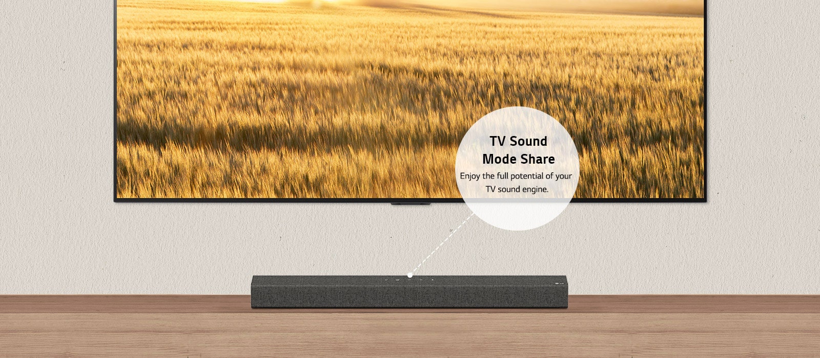 TV and Soundbar are seen from the frnt. Reed beds are on TV screen. In a text box says "TV Sound Mode Share" in bold and "Hear the TV's AI Sound modes through your soundbar" in regular text.