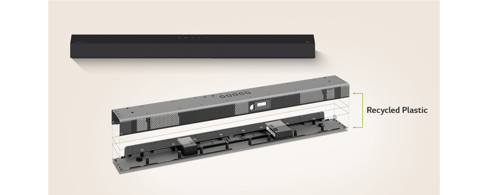 There is a front view of sound bar behind and a metal frame image of sound bar in front.