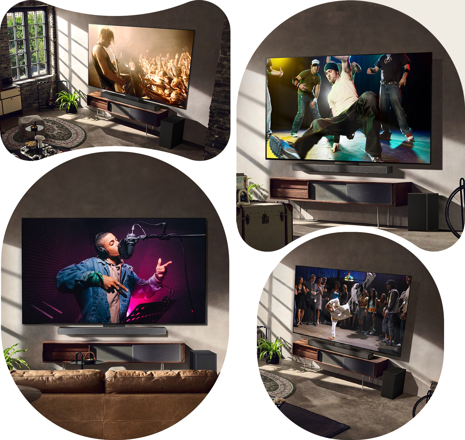 There are three lifestyle images. From top to bottom: three men are enjoying a concert video in the living room. There's an LG TV on the wall displaying a music recording scene, and the LG TV on the wall showing a breaking dance scene in a diagonal view.