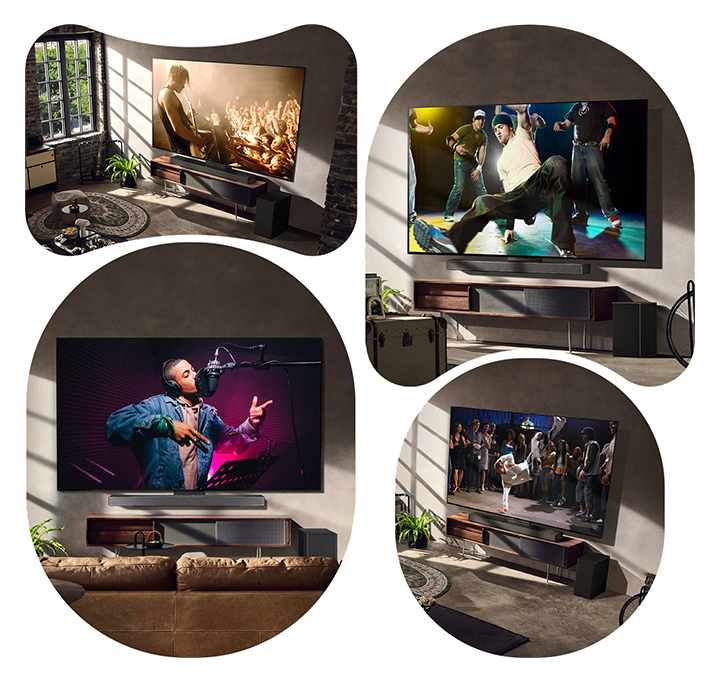 There are three lifestyle images. From top to bottom: three men are enjoying a concert video in the living room. There's an LG TV on the wall displaying a music recording scene, and the LG TV on the wall showing a breaking dance scene in a diagonal view.