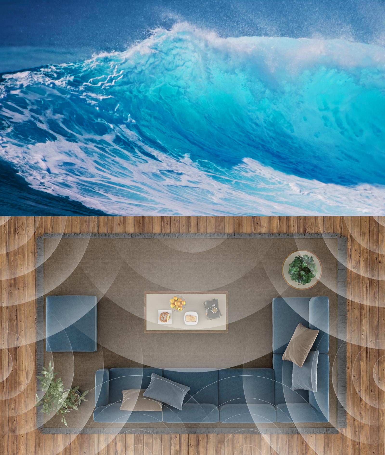 On top, there is a strong waves in the sea and in the bottom there is a top view of living room with visual effect of wavelengths.
