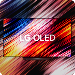 Colorful stripes are shown on the LG OLED display and expand out of the television onto the backdrop.