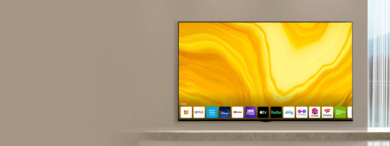 QNED TV is place in warm-looking living room. There is a yellow marble pattern on TV screen and there are APP lists shown.