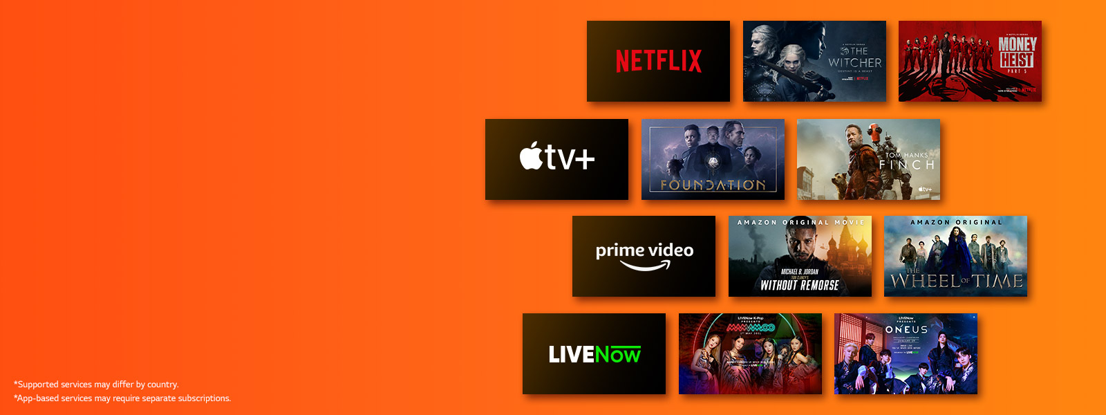 There is Netflix logo and poster images of the Witcher, and Money heist. There is APPLE TV plus logo and poster images of Foundation and FINCH. There is prime video logo and poster images of without remorse and the wheel of Time. There is LIVENow logo and teaser images of mamamoo streaming and Oneus streaming. 