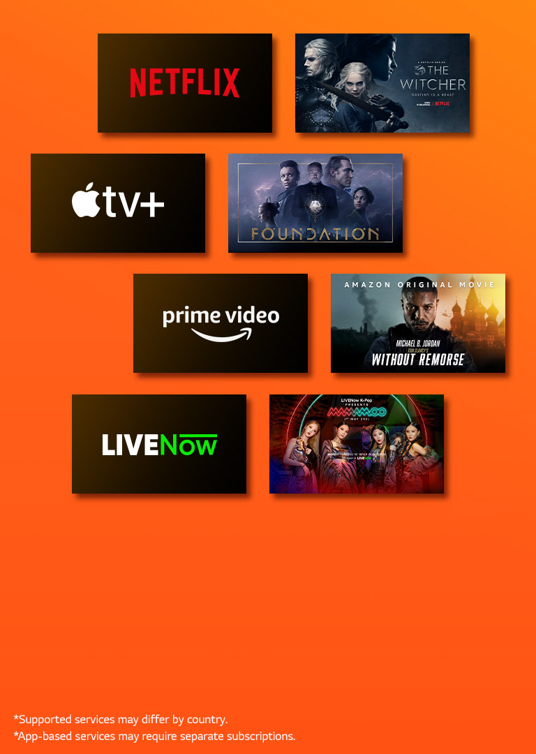 There is Netflix logo and poster images of the Witcher, and Money heist. There is APPLE TV plus logo and poster images of Foundation and FINCH. There is prime video logo and poster images of without remorse and the wheel of Time. There is LIVENow logo and teaser images of mamamoo streaming and Oneus streaming. 