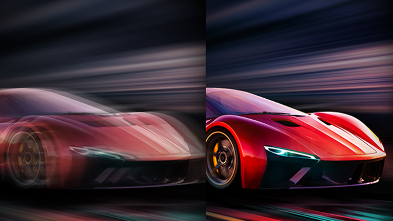 Side-by-side comparison of a racing car game and the difference in refresh rate. On one side, the refresh rate is lower resulting in more motion blur. On the other side, the refresh rate is high showing the car completely in focus. 